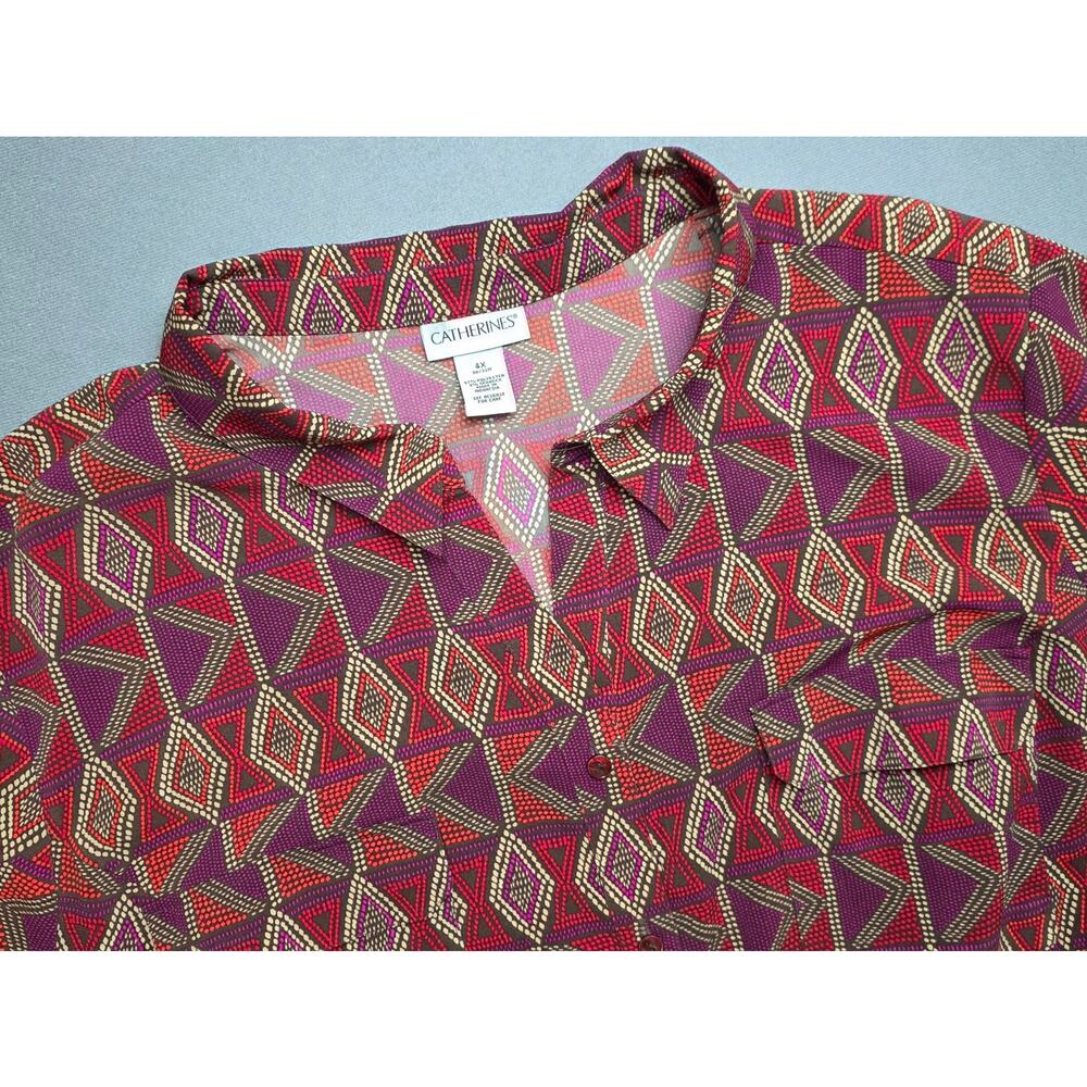Catherines 4X Womens Blouse Top Lightweight Geometric Short Sleeve Pocket